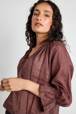 Expedition Chocolate Ramie Shirred Neck Blouse