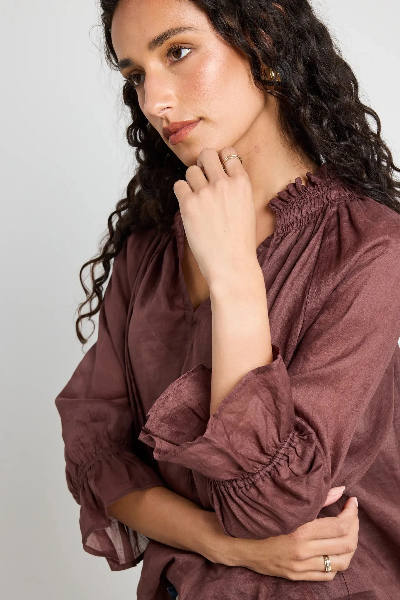 Expedition Chocolate Ramie Shirred Neck Blouse