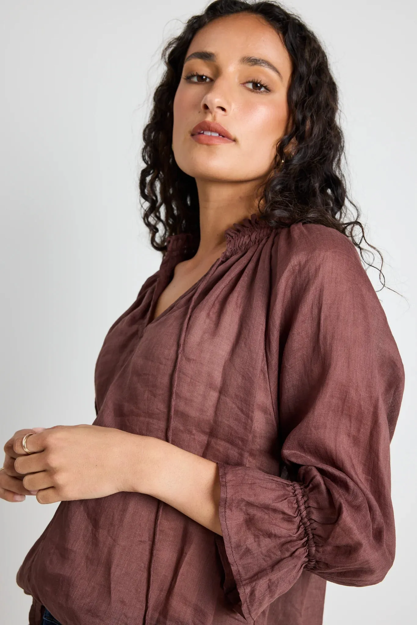 Expedition Chocolate Ramie Shirred Neck Blouse