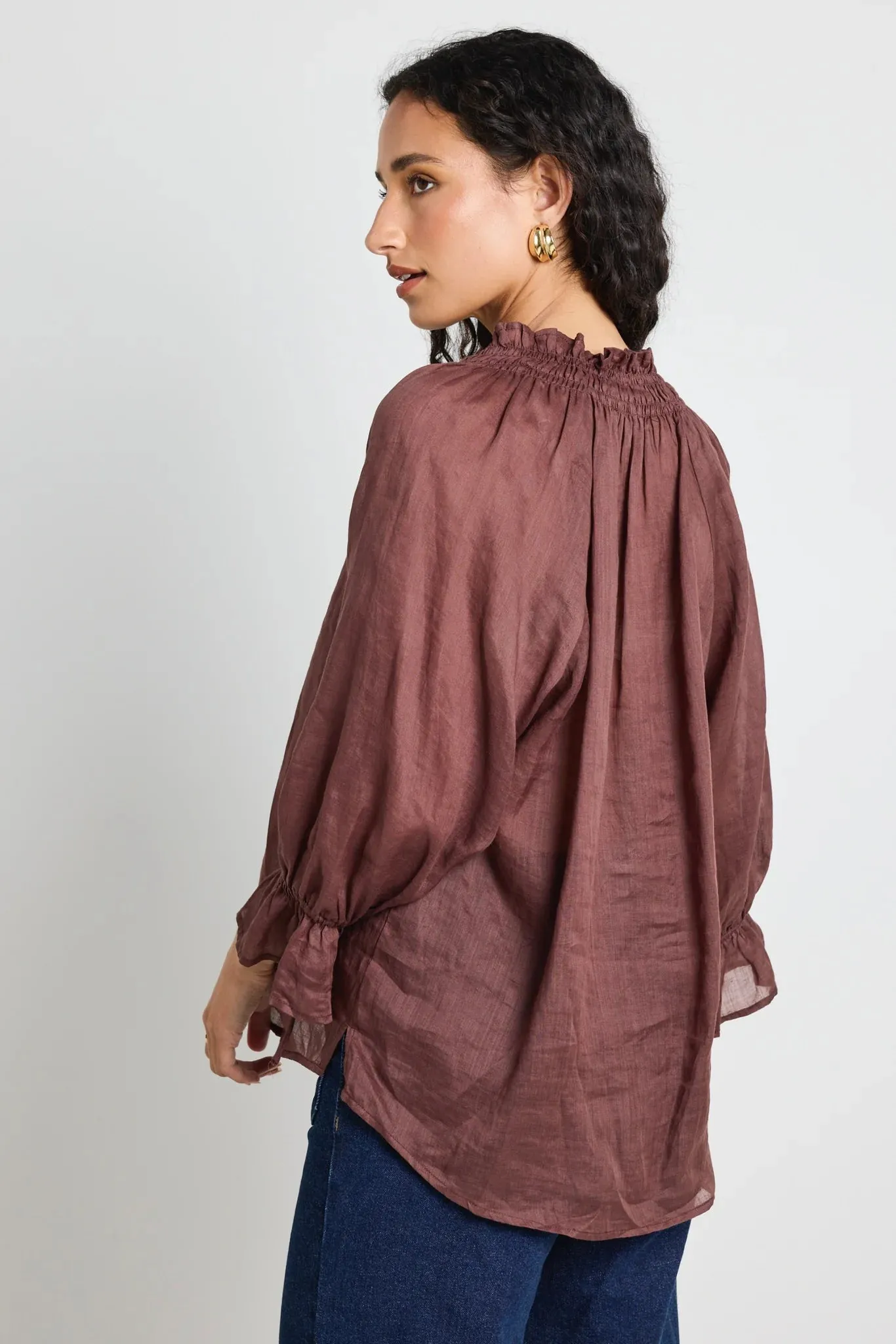 Expedition Chocolate Ramie Shirred Neck Blouse