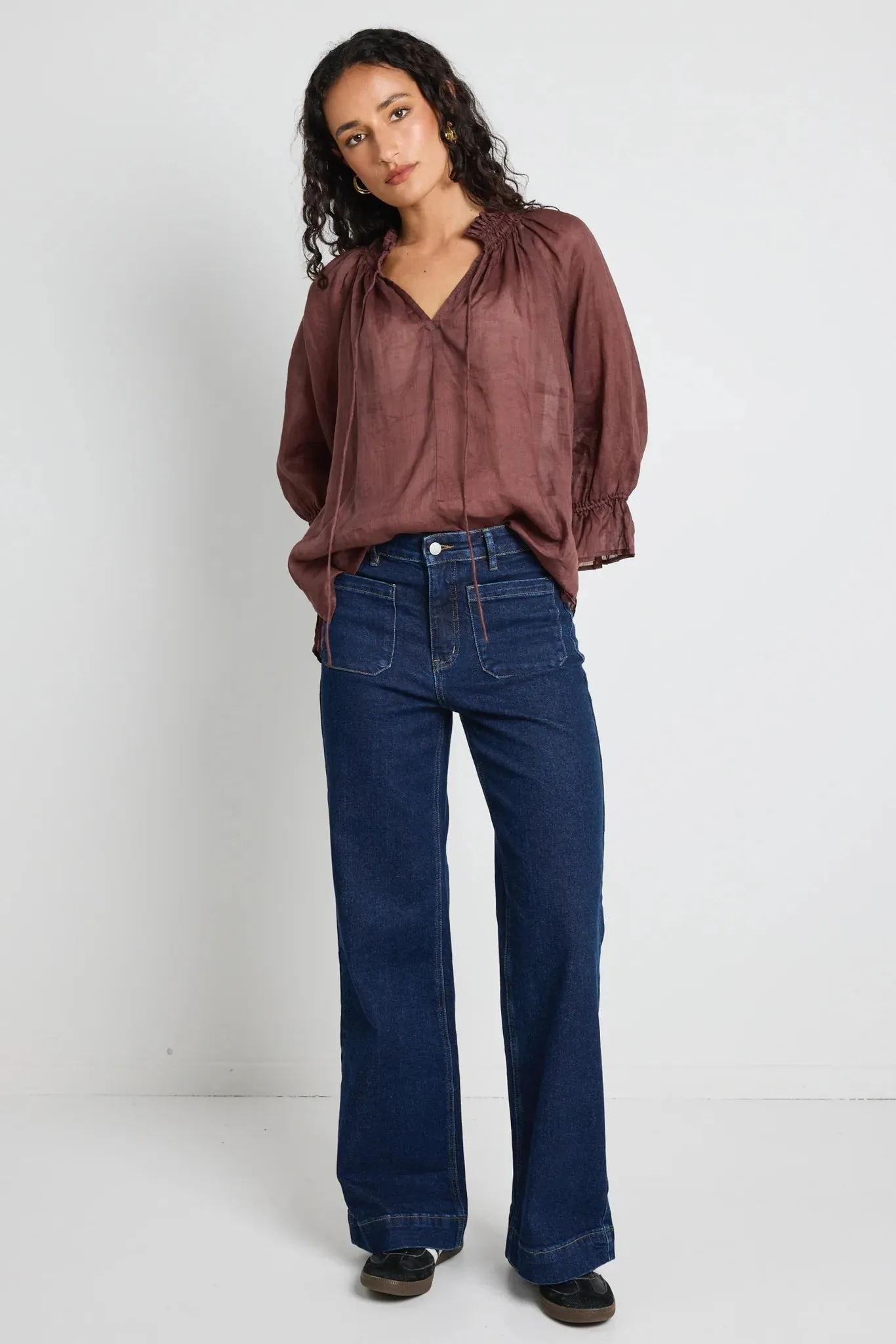 Expedition Chocolate Ramie Shirred Neck Blouse