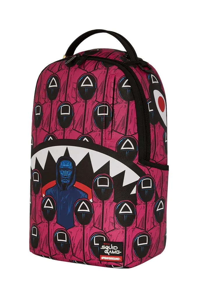 Sprayground X Squid Game Lined Up Front Man & Pink Guard Shark DLXSV Backpack