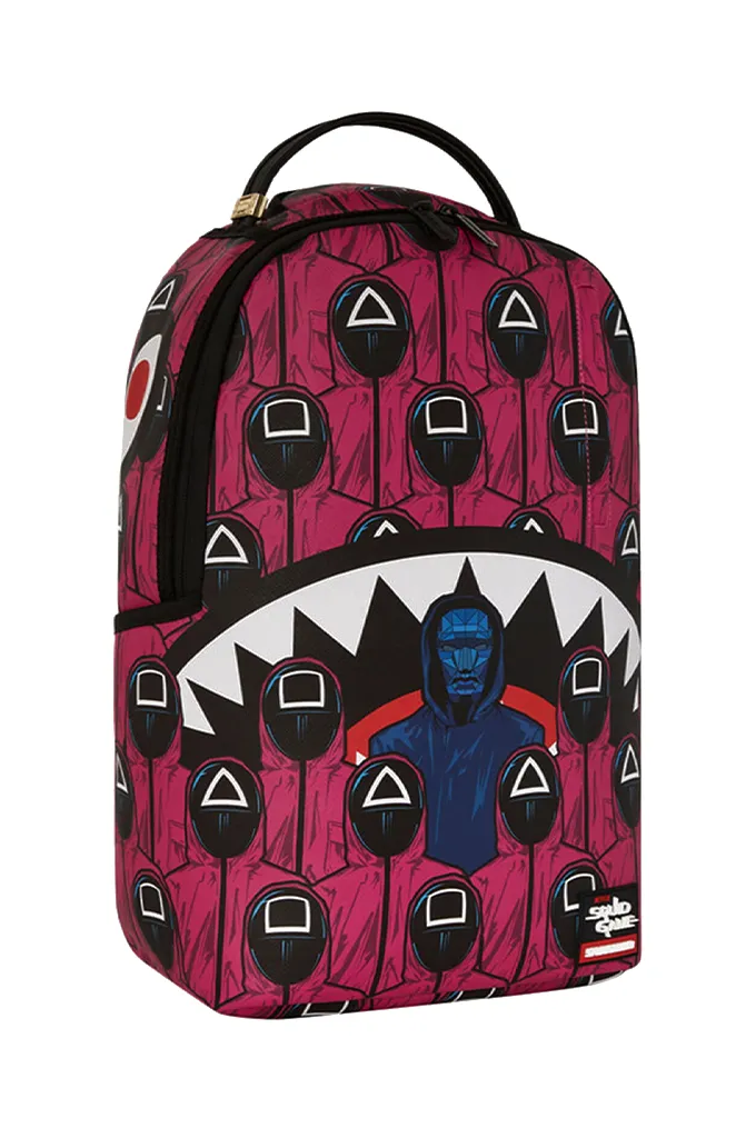 Sprayground X Squid Game Lined Up Front Man & Pink Guard Shark DLXSV Backpack