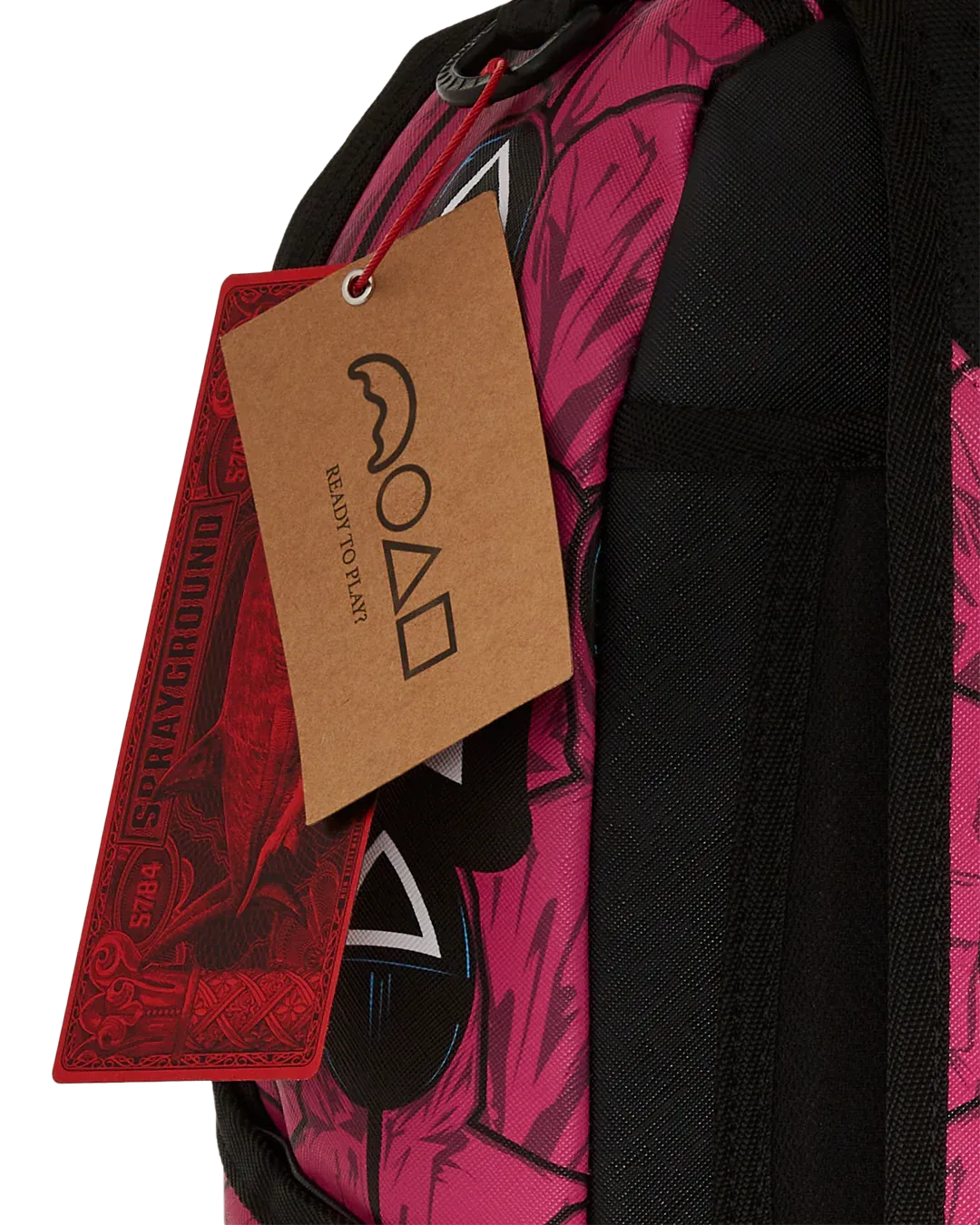 Sprayground X Squid Game Lined Up Front Man & Pink Guard Shark DLXSV Backpack
