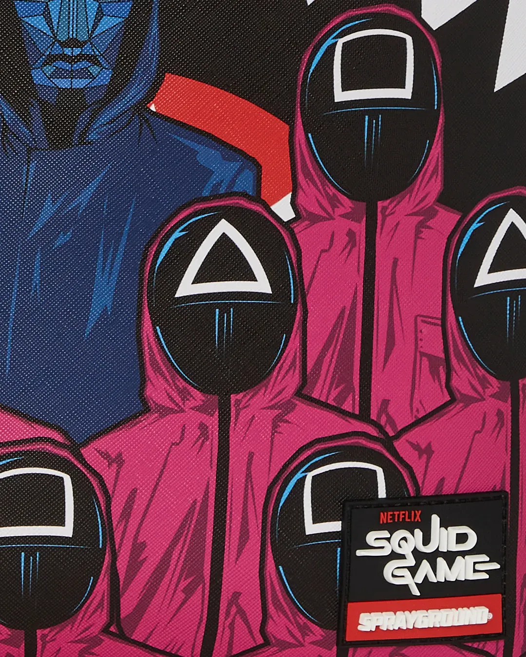 Sprayground X Squid Game Lined Up Front Man & Pink Guard Shark DLXSV Backpack