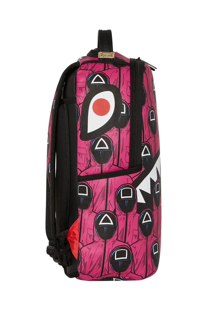 Sprayground X Squid Game Lined Up Front Man & Pink Guard Shark DLXSV Backpack