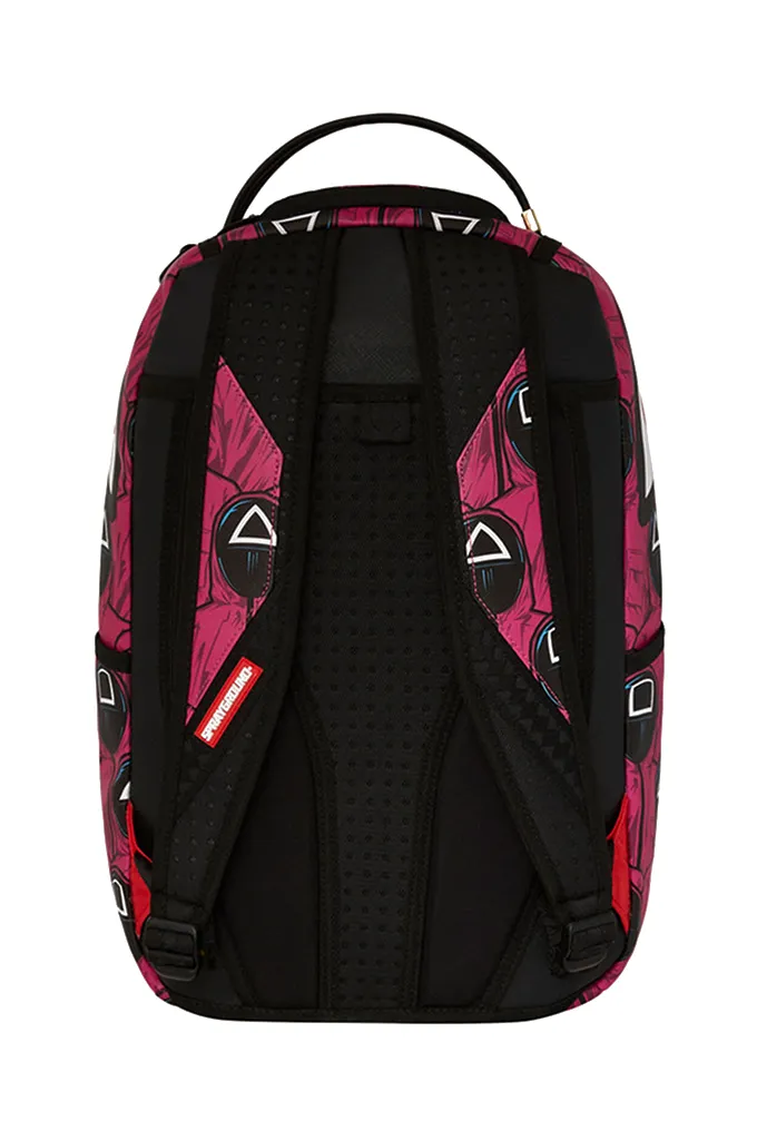 Sprayground X Squid Game Lined Up Front Man & Pink Guard Shark DLXSV Backpack