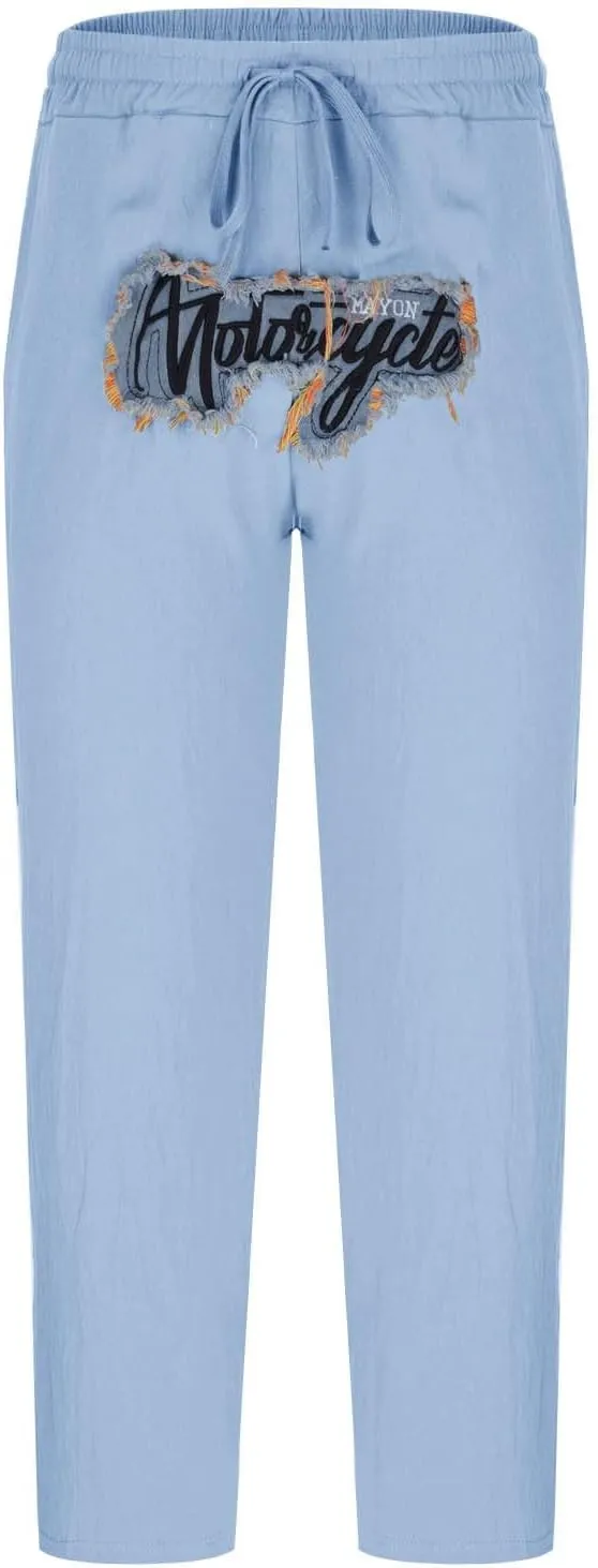 Wide Leg Linen Pants Men Summer Casual Elastic Waist Trousers with Pockets Relaxed Fit Beach Yoga Print Lounge Pants