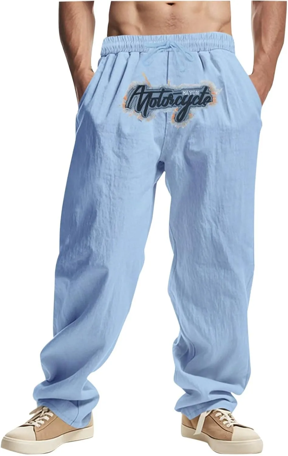 Wide Leg Linen Pants Men Summer Casual Elastic Waist Trousers with Pockets Relaxed Fit Beach Yoga Print Lounge Pants