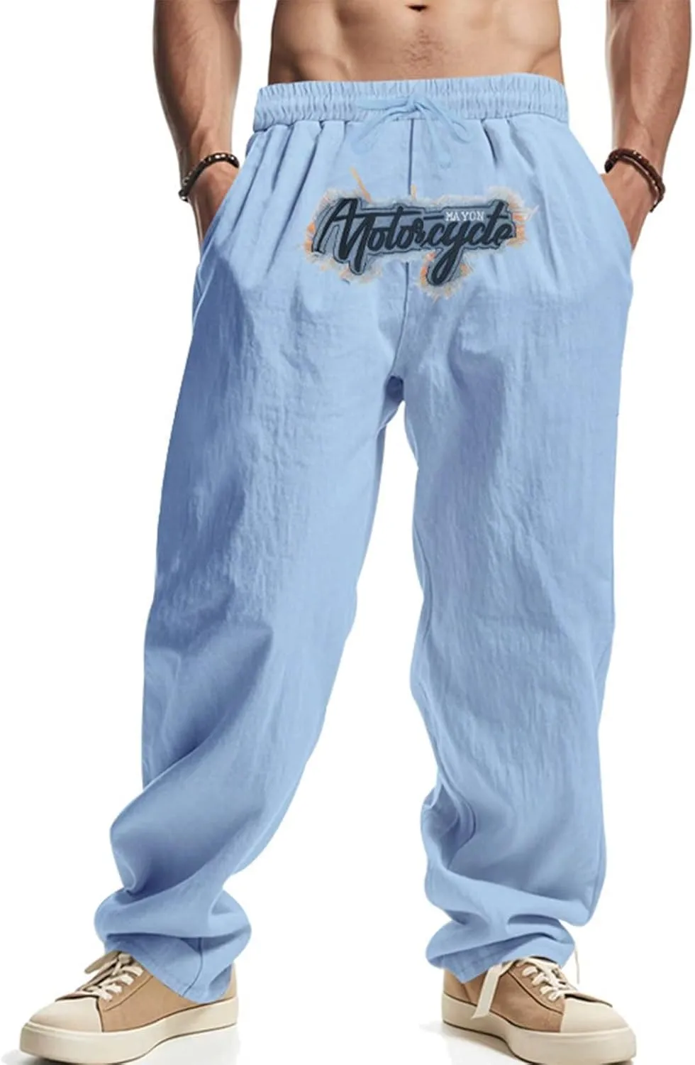 Wide Leg Linen Pants Men Summer Casual Elastic Waist Trousers with Pockets Relaxed Fit Beach Yoga Print Lounge Pants